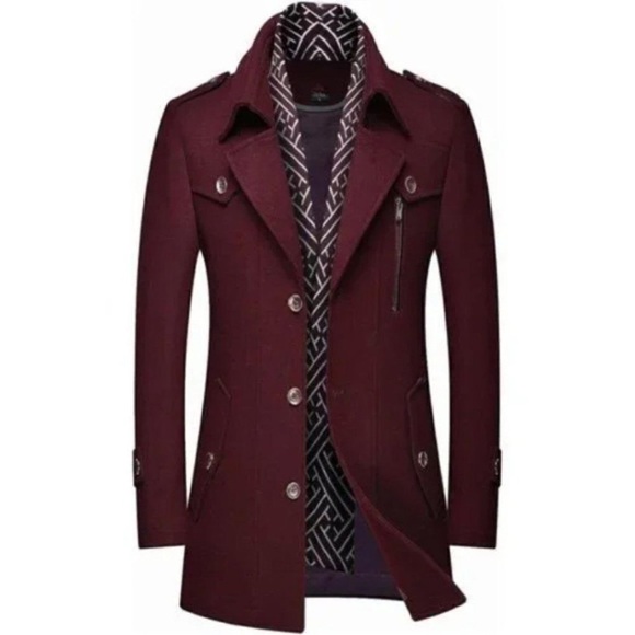New Men's Wool Blend Pea Coat Warm Coat Wine Red